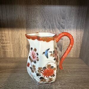 Antique Vintage JAPANESE Creamer or Pitcher SIGNED
RED MARK Hand Painted Birds